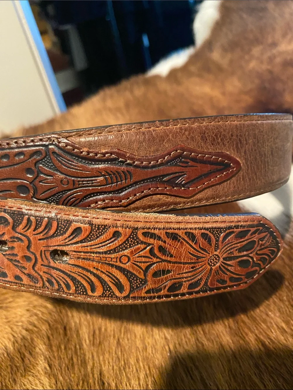 Ariat Brown Tooled Leather Western Belt Silver-Tone Buckle Size 34